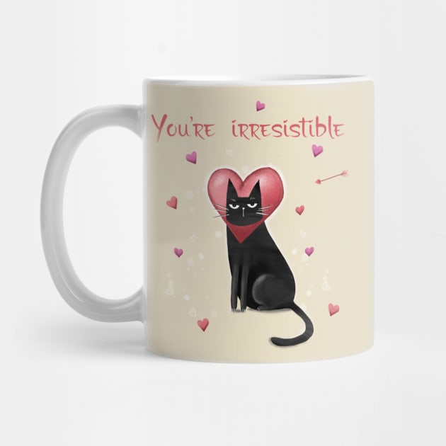 Happy valentines black cat. Cute cat and red hearts. by Olena Tyshchenko